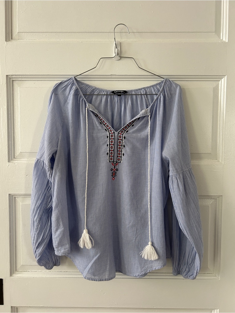 George Light Blue Embroidered Peasant Tunic with Tassel Ties